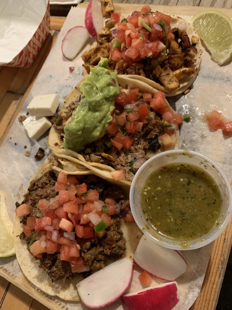 Carne, chicken, chorizo tacos