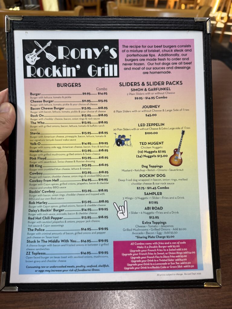 Rony's Rockin' Grill - Menu 1 of 2