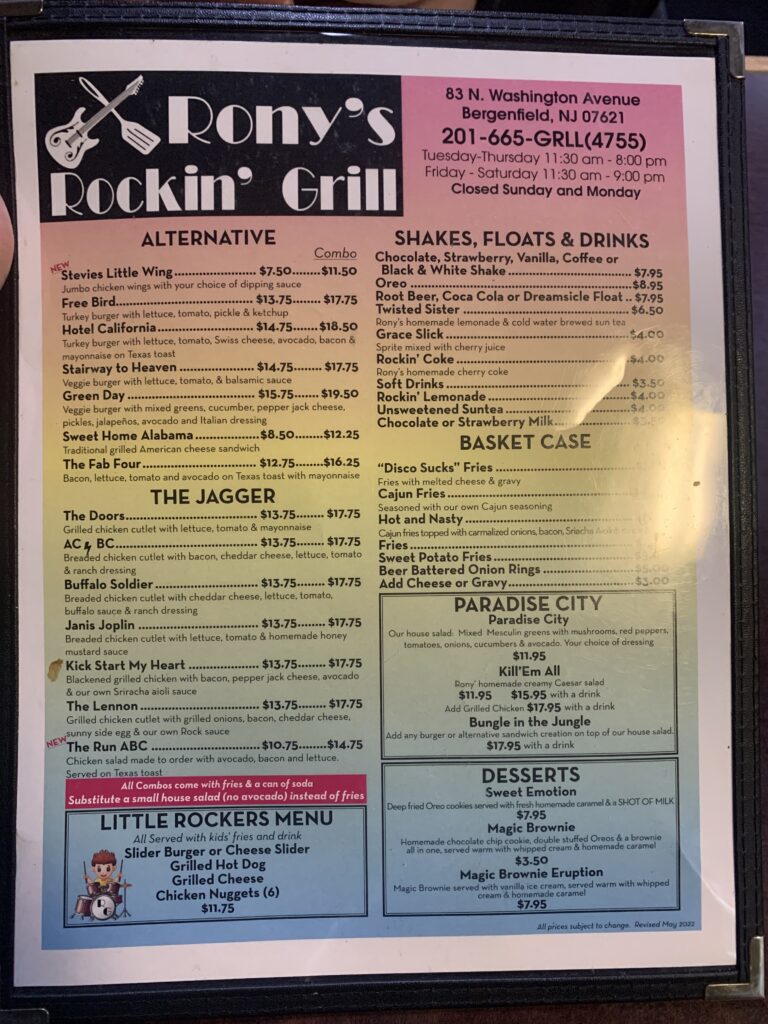 Rony's Rockin' Grill - menu 2 of 2
