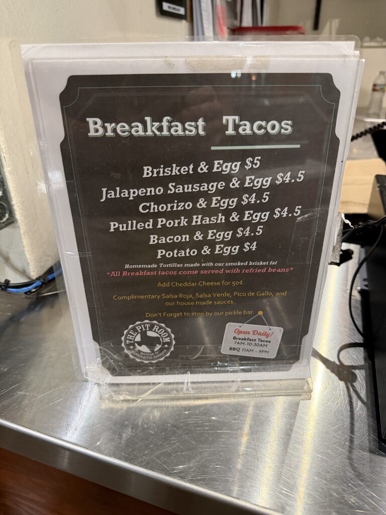 The Pit Room - Breakfast Taco menu